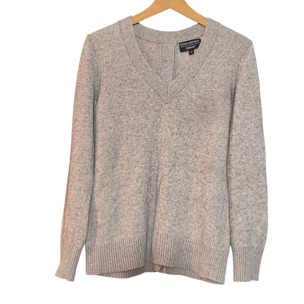 Banana Republic Women Large Sweater Gray Merino Wool Cashmere V-Neck Button Back